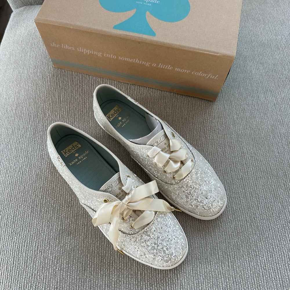 NEW Keds x Kate Spade White Glitter Sneakers in box